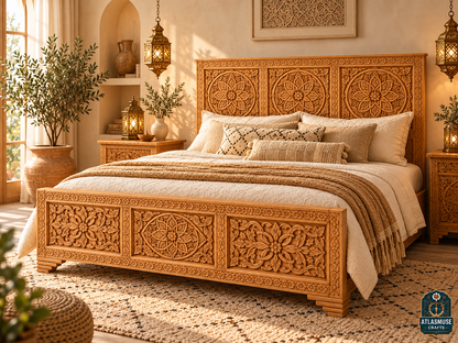 Moroccan Bed Frame – Hand-Carved Solid Wood Bed