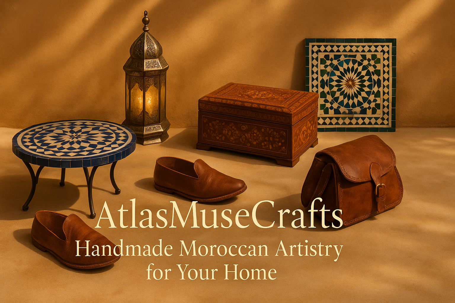 Handmade Moroccan artistry items including a lantern, table, shoes, and box on a warm-toned background with 'AtlasMuseCrafts' branding.