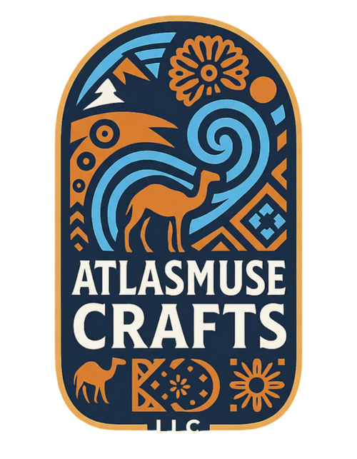 Logo of Atlasmuse Crafts with decorative elements on a blue background