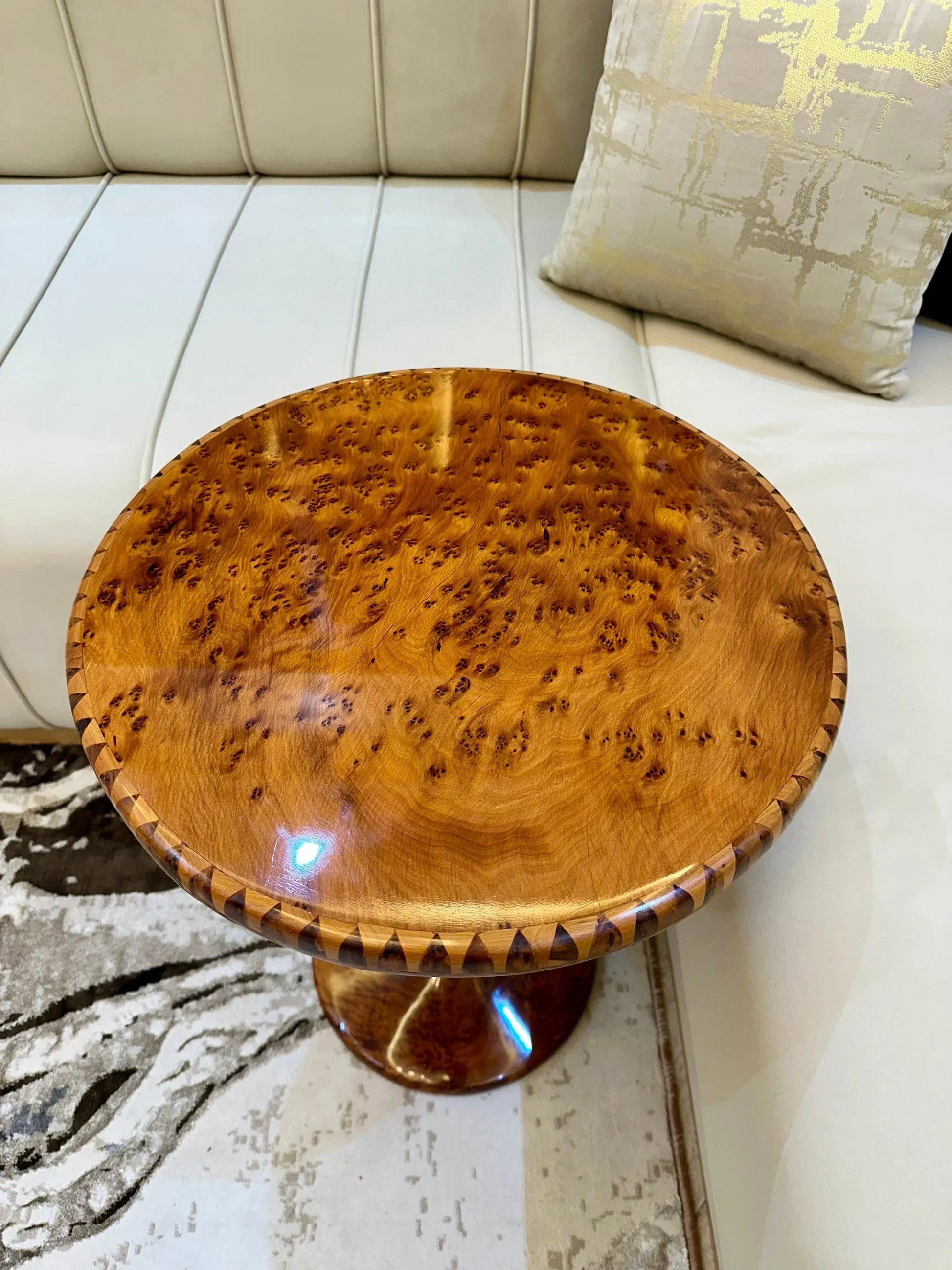 Handmade Moroccan Coffee Table – Round Thuya Wood Inlay Side Table - AtlasMuseCrafts