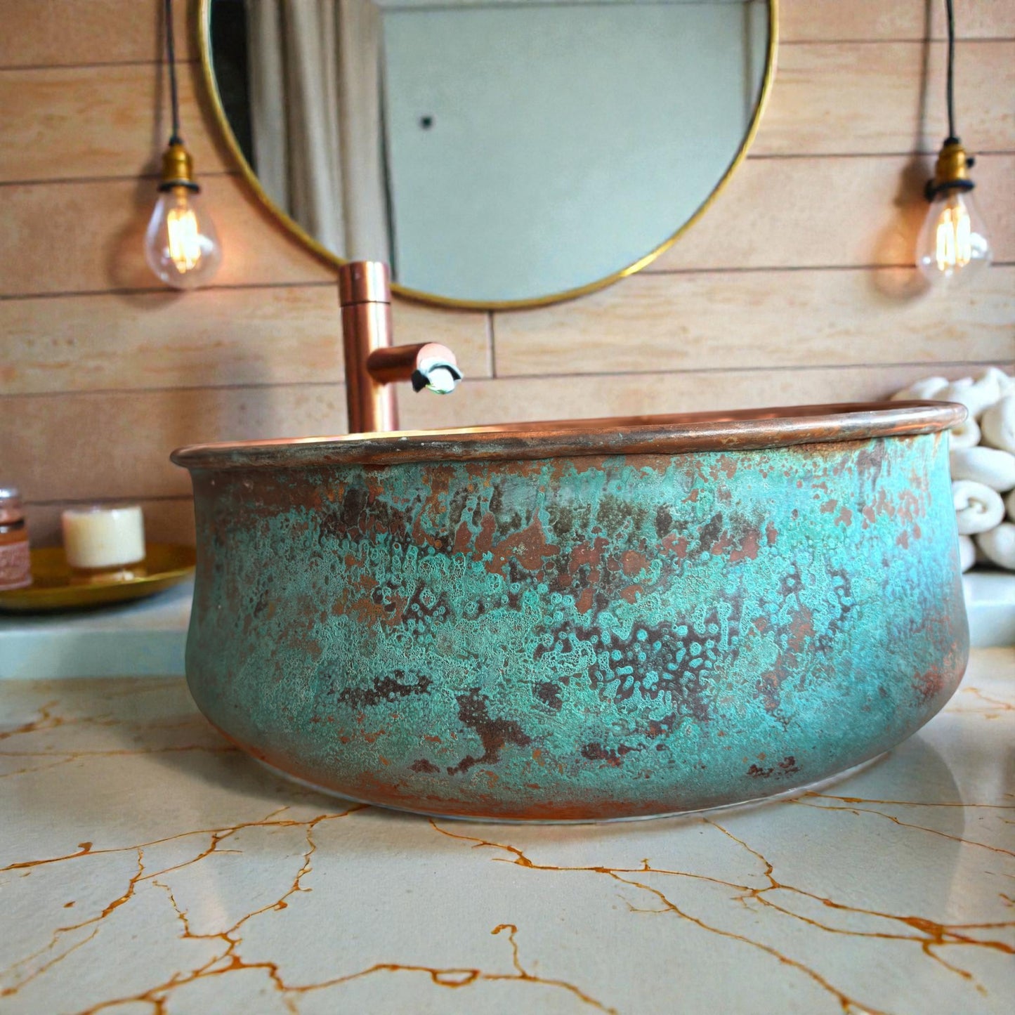 Handmade Green Patina Copper Vessel Sink