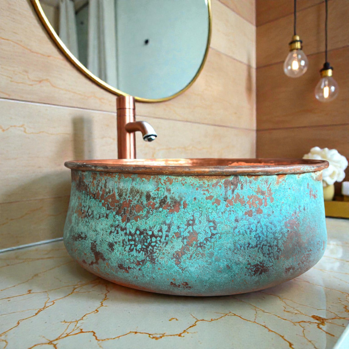 Handmade Green Patina Copper Vessel Sink – Moroccan Basin – additional view 7