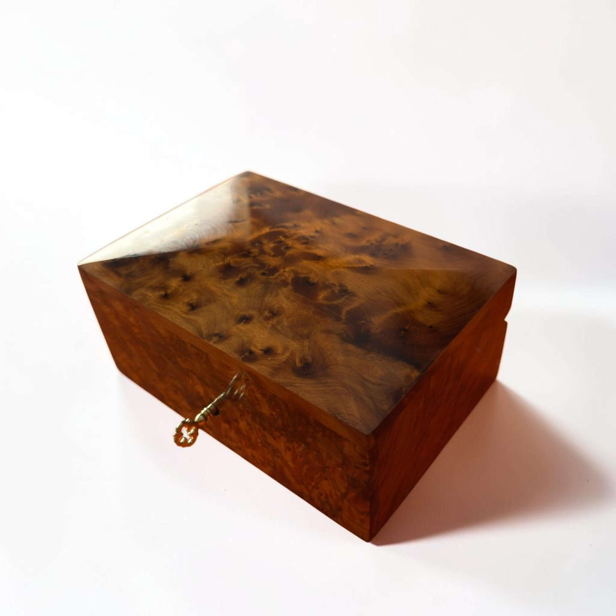 Thuya Burl Wood Jewelry Box, handcrafted Moroccan keepsake box with unique grain and lockable design.