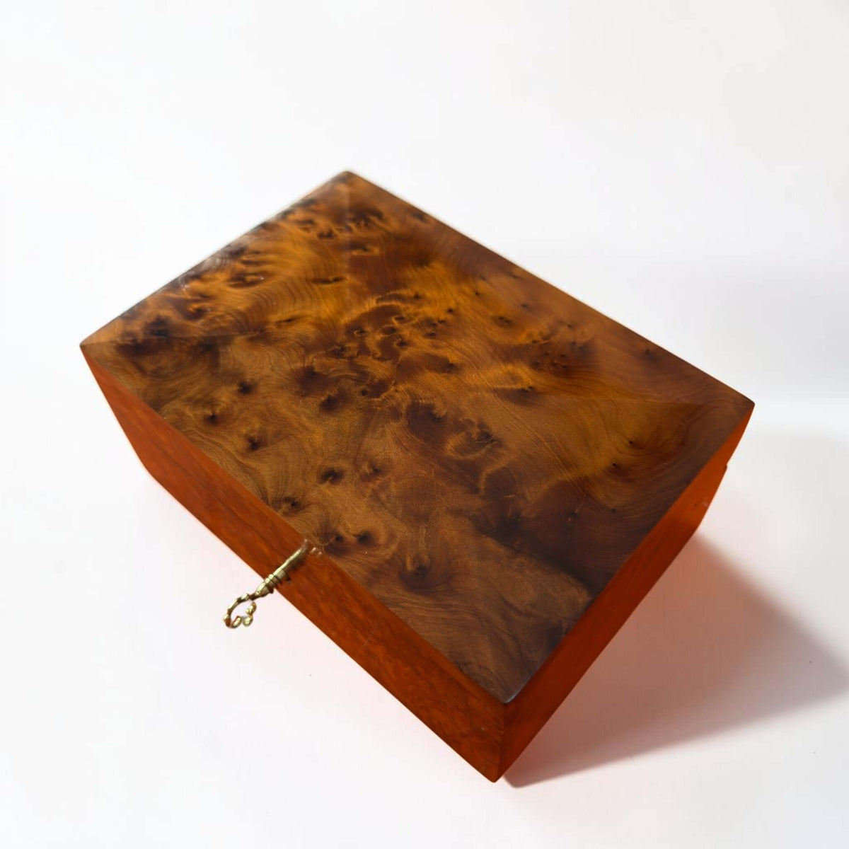 Thuya Burl Wood Jewelry Box with unique grain, handcrafted Moroccan wood craftsmanship, lockable keepsake box.