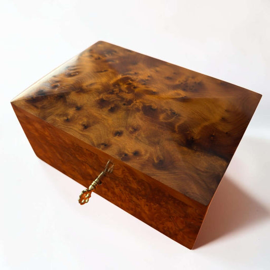 Thuya Burl Wood Jewelry Box showcasing intricate wood grain and lockable design, handcrafted from Thuya burl wood.