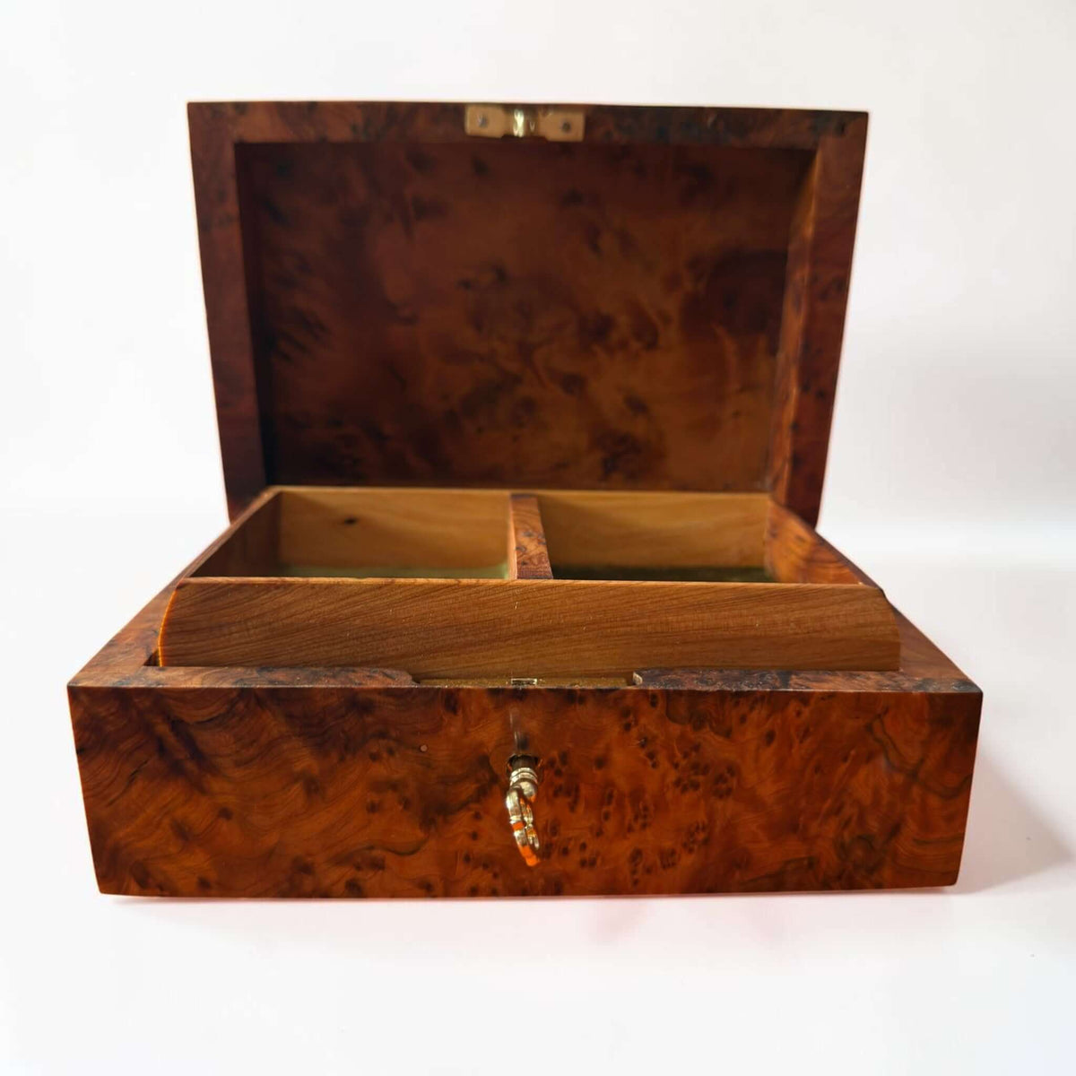 Thuya Burl Wood Jewelry Box with lock and inner compartments for organizing jewelry and watches, handcrafted in Morocco.