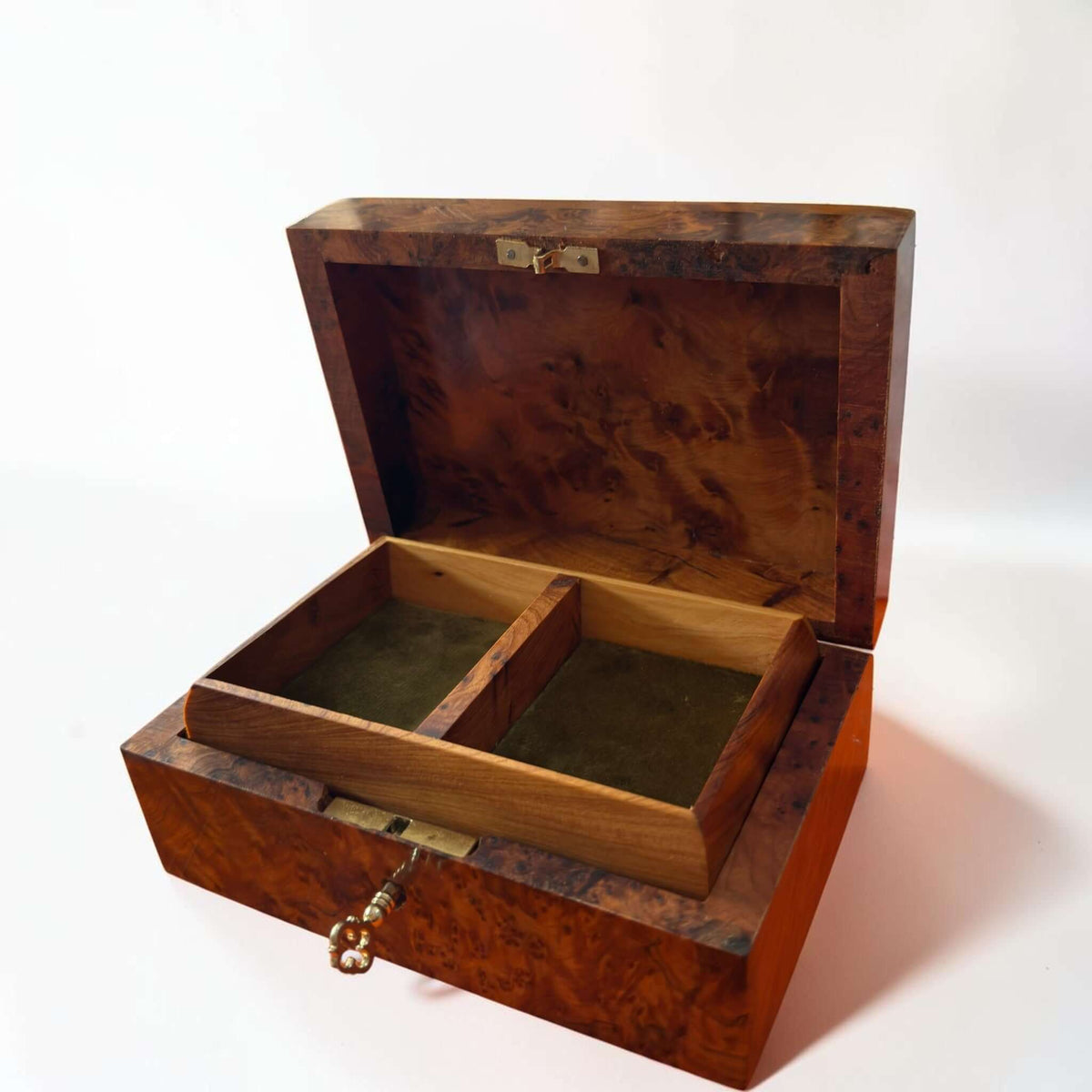 Thuya Burl Wood Jewelry Box with unique grain pattern and two compartments for jewelry storage.