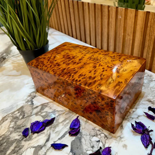 Lockable Thuya Wood Jewelry Box Handmade Moroccan Organizer with Key - AtlasMuseCrafts