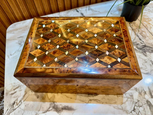 Large Moroccan Thuya Jewelry Box Lockable Organizer with Key - AtlasMuseCrafts