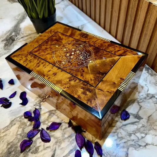 Luxury Burl Wood Jewelry Box Lockable Organizer Gift Box - AtlasMuseCrafts