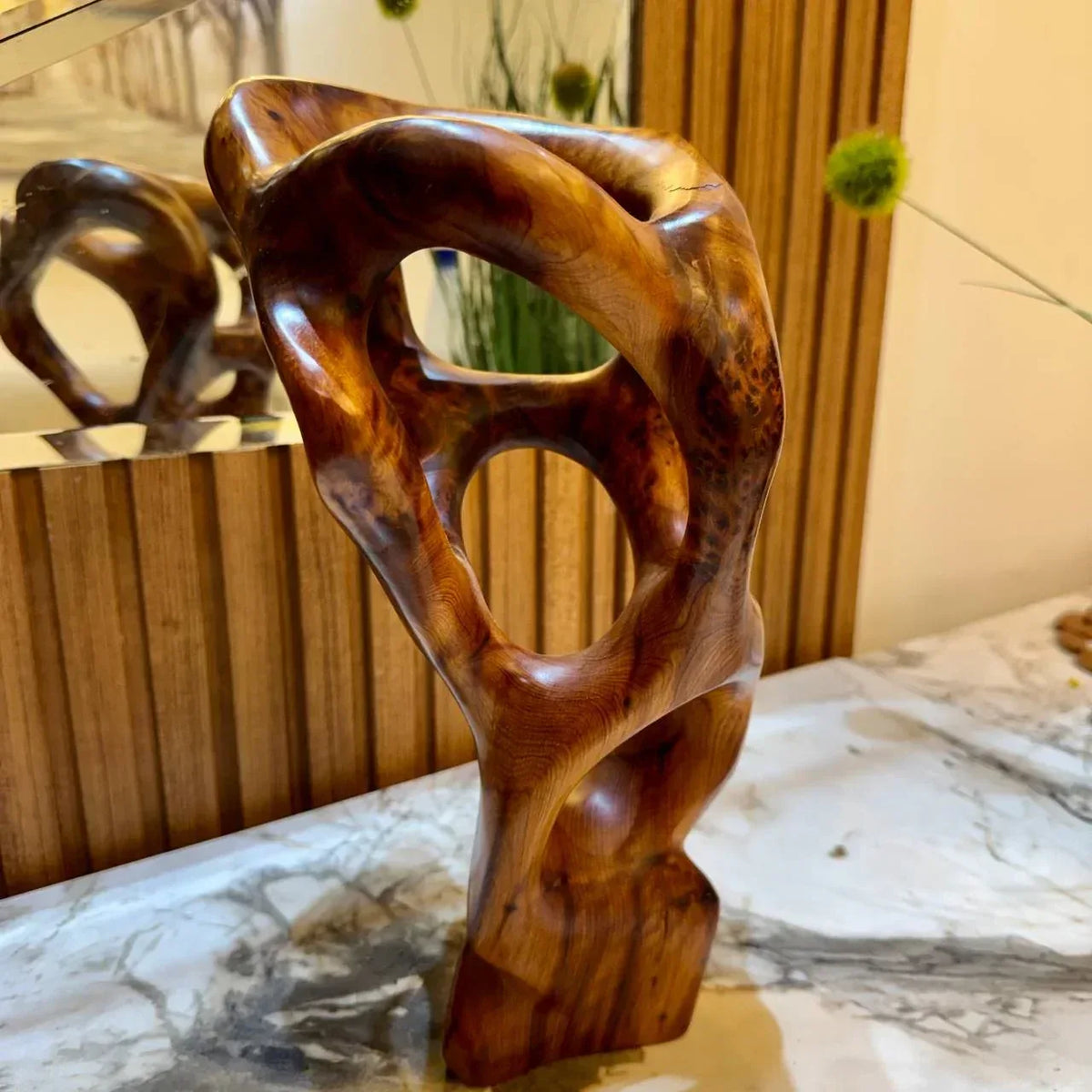 Modern Abstract Wooden Sculpture – Handmade Moroccan by AtlasMuseCrafts
