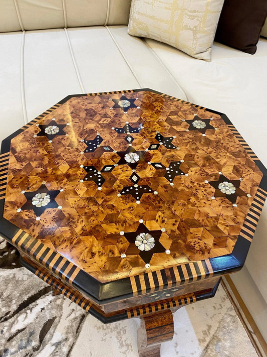 Moroccan Thuya Wood Table – Hexagonal Mosaic with Mother of Pearl Inlay - AtlasMuseCrafts