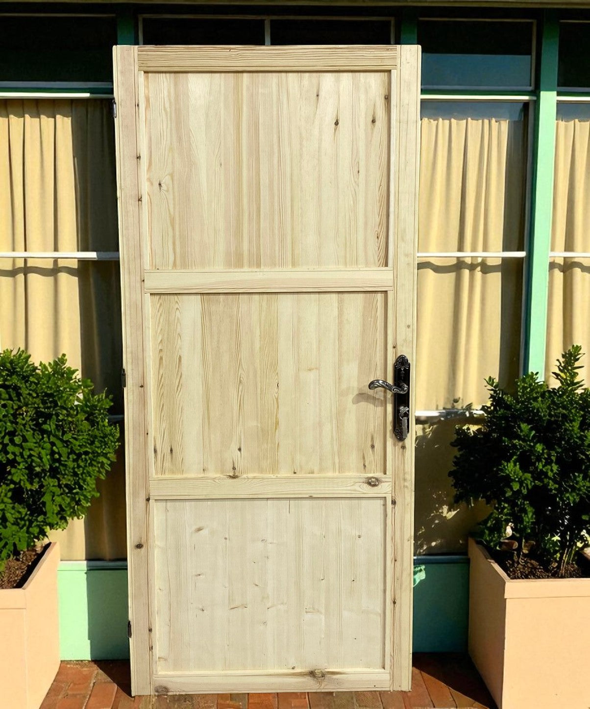 Wooden door with black handle, flanked by potted boxwood shrubs.