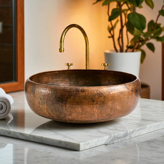 Hammered copper sink with brass faucet on a marble countertop.

