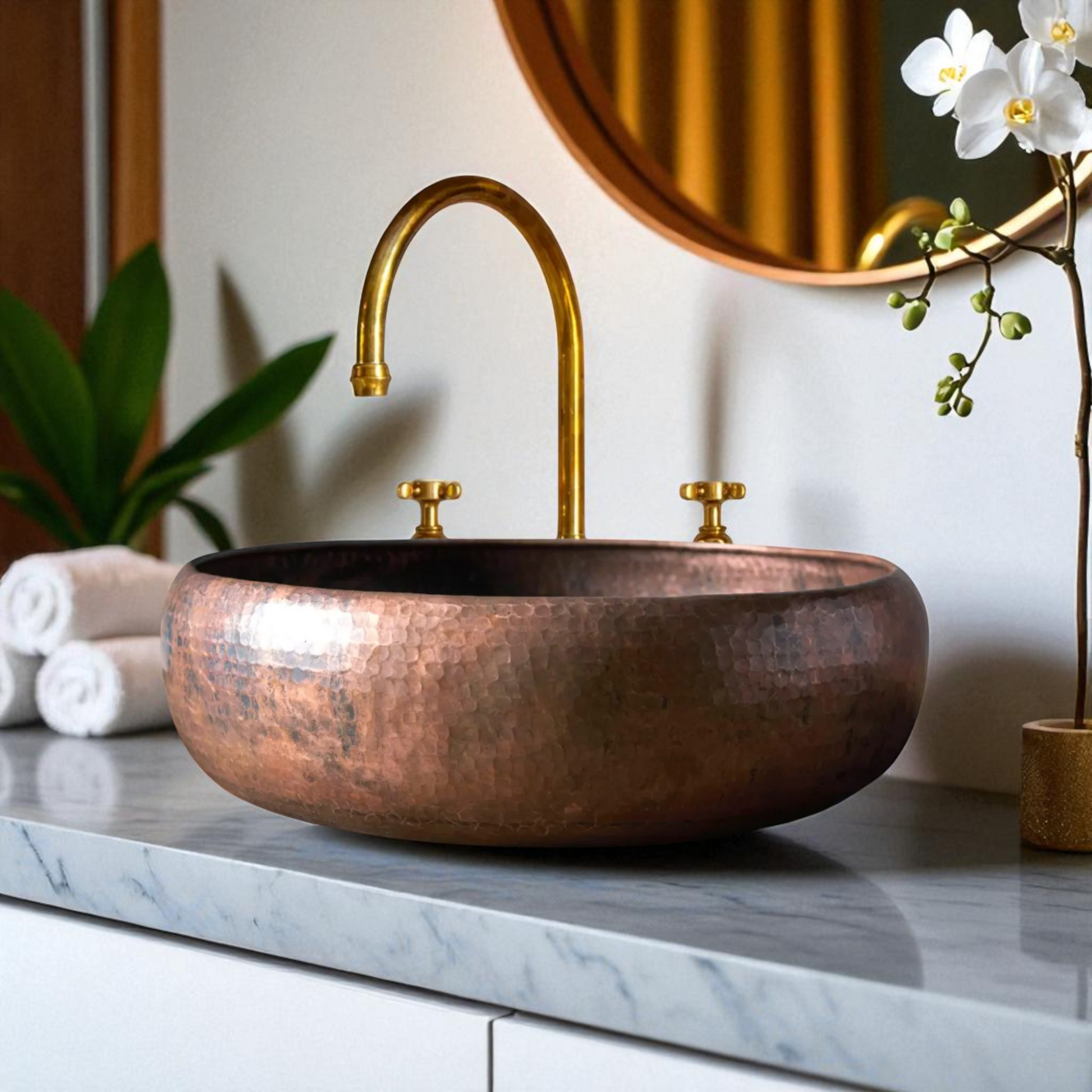 Copper sink with gold faucet on marble countertop in bathroom.