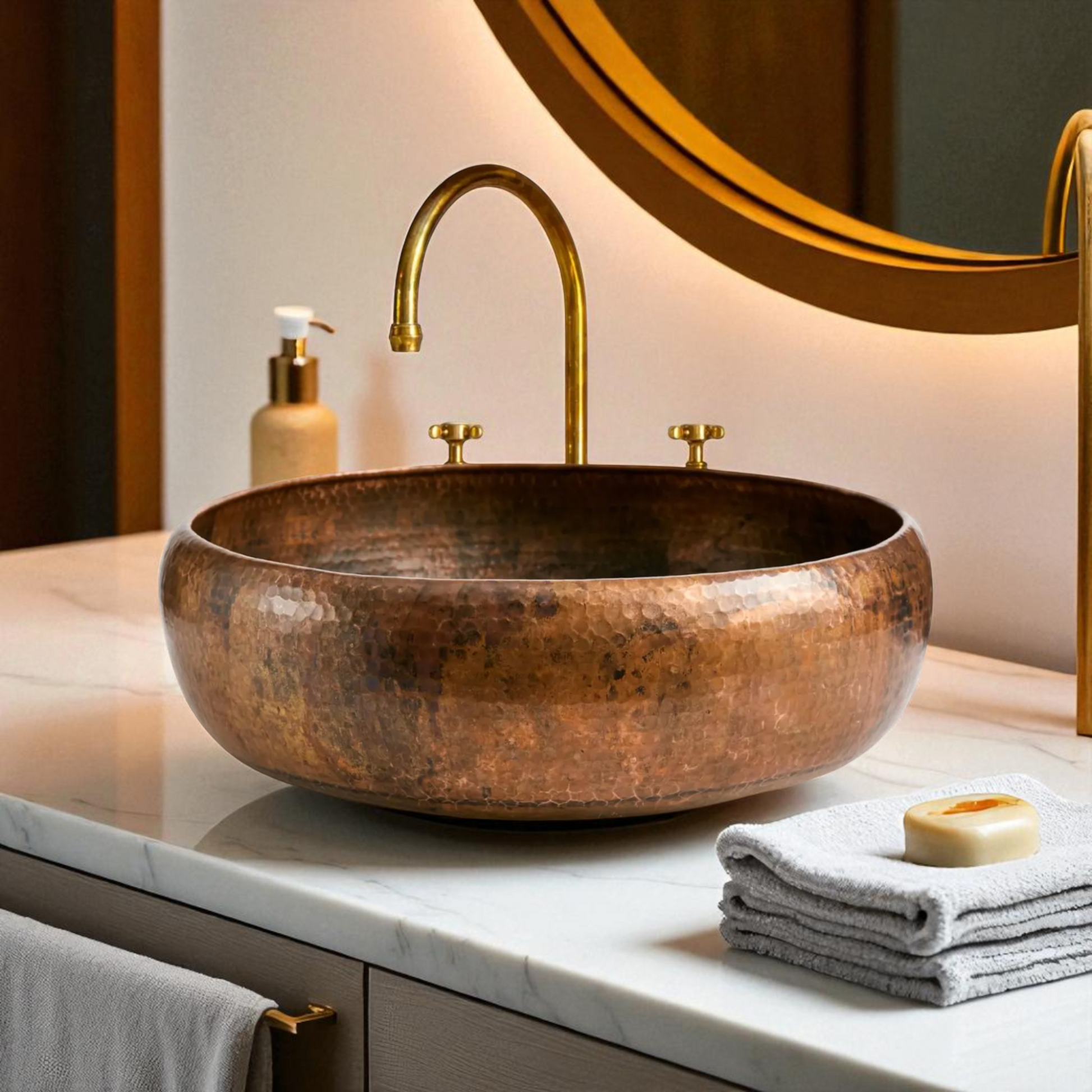 A round, hammered copper sink with a gold faucet and handles is on a marble countertop in a bathroom. A beige soap dispenser, a round gold mirror with a light behind it, a folded grey towel, and a bar of soap are also on the counter.