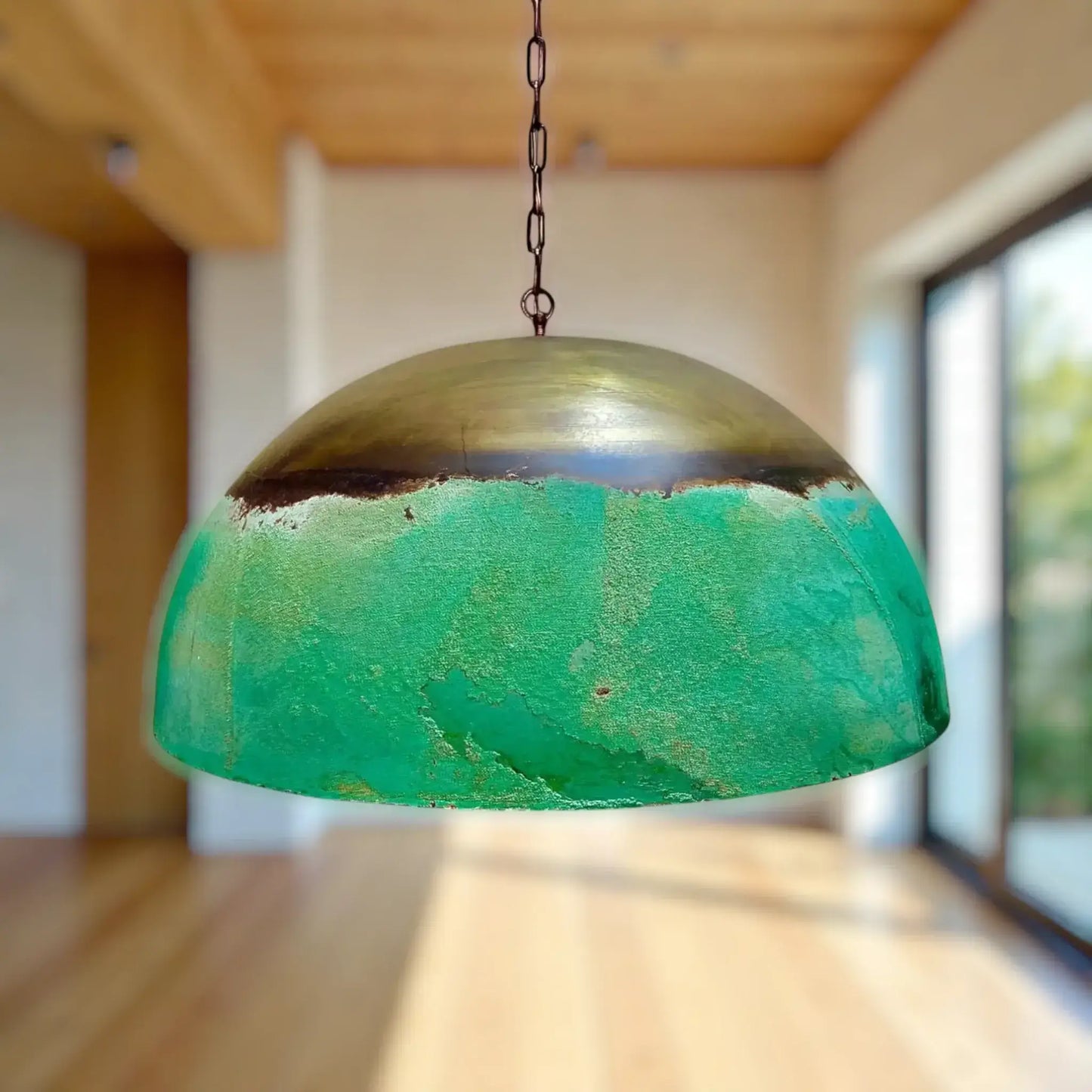 Beautiful Copper Dome Pendant Light with a unique green patina finish, ideal for modern interior decor.