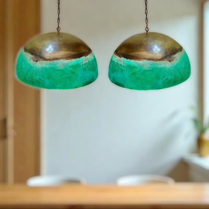 Copper Dome Pendant Light in vibrant green and bronze finish.