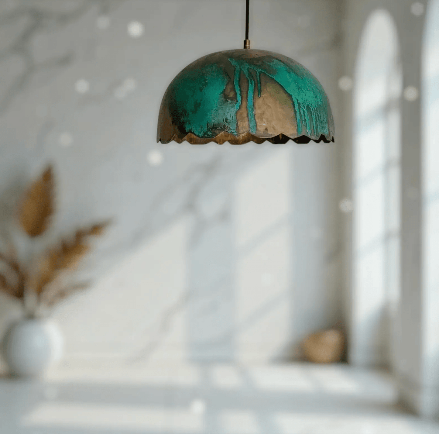 Green Patina Scalloped Copper Dome Pendant Light in an elegant indoor setting.