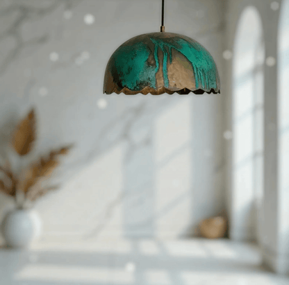 Green Patina Scalloped Copper Dome Pendant Light in an elegant indoor setting.