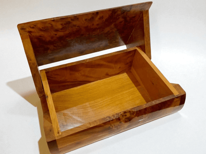 Luxury Wooden Jewelry Box – Handmade Moroccan Thuya Burl with polished wood grain and spacious interior for accessories.