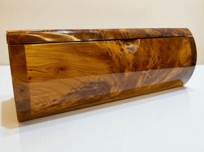 Luxury Wooden Jewelry Box – Handmade Moroccan Thuya Burl with polished amber finish and distinctive swirling grain.