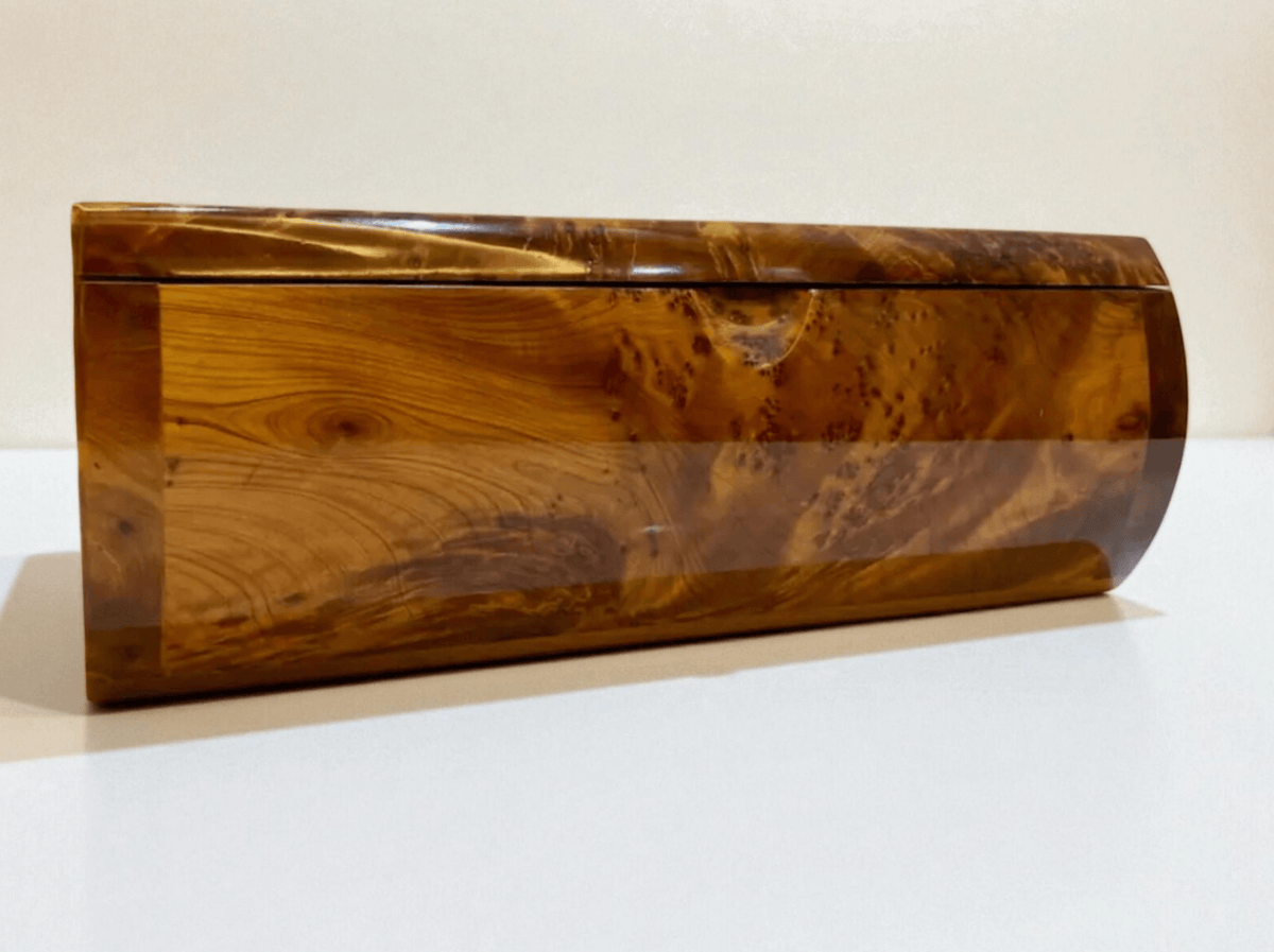 Luxury Wooden Jewelry Box – Handmade Moroccan Thuya Burl with polished amber finish and unique swirling grain.