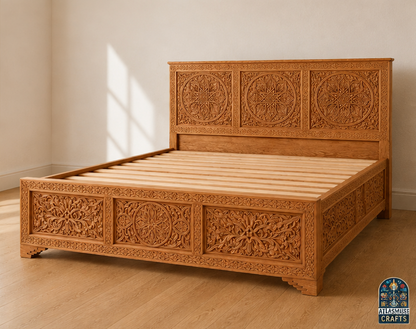 Handmade Moroccan bed frame with carved solid wood headboard footboard and side panels