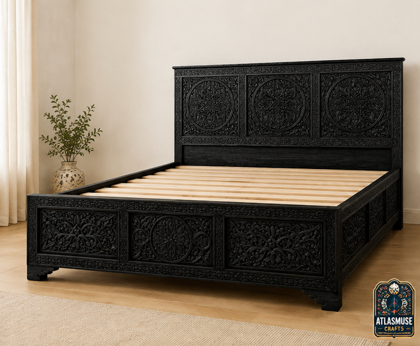 Black wood bed frame with hand carved Moroccan headboard footboard and side panels