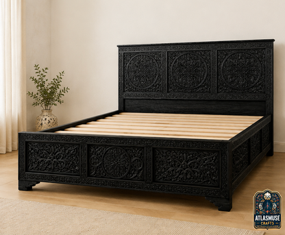 Black wood bed frame with hand carved Moroccan headboard footboard and side panels