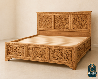 Wood platform bed frame with hand carved Moroccan solid wood headboard and footboard
