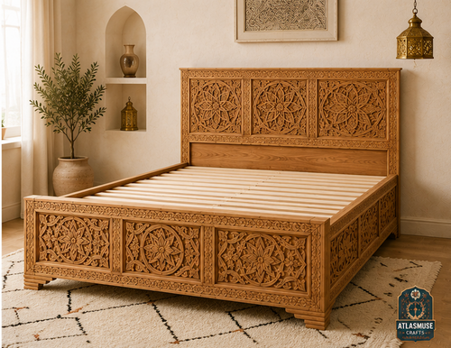 Carved headboard bed frame handmade from solid wood with Moroccan floral and geometric carving