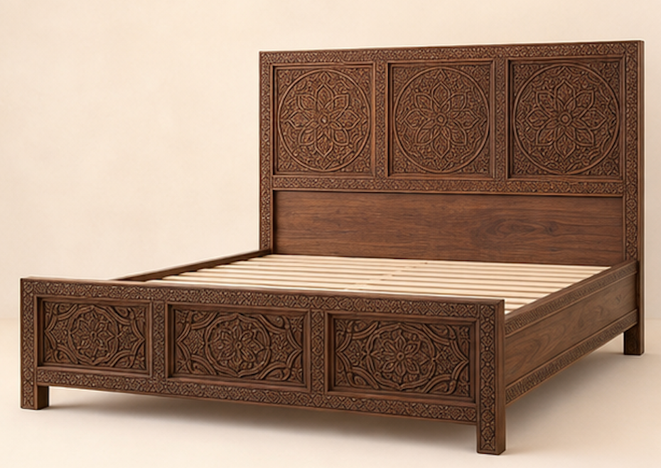 Hand-carved Moroccan wooden bed frame