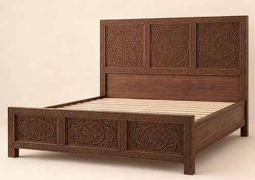 Hand-carved Moroccan wooden bed frame