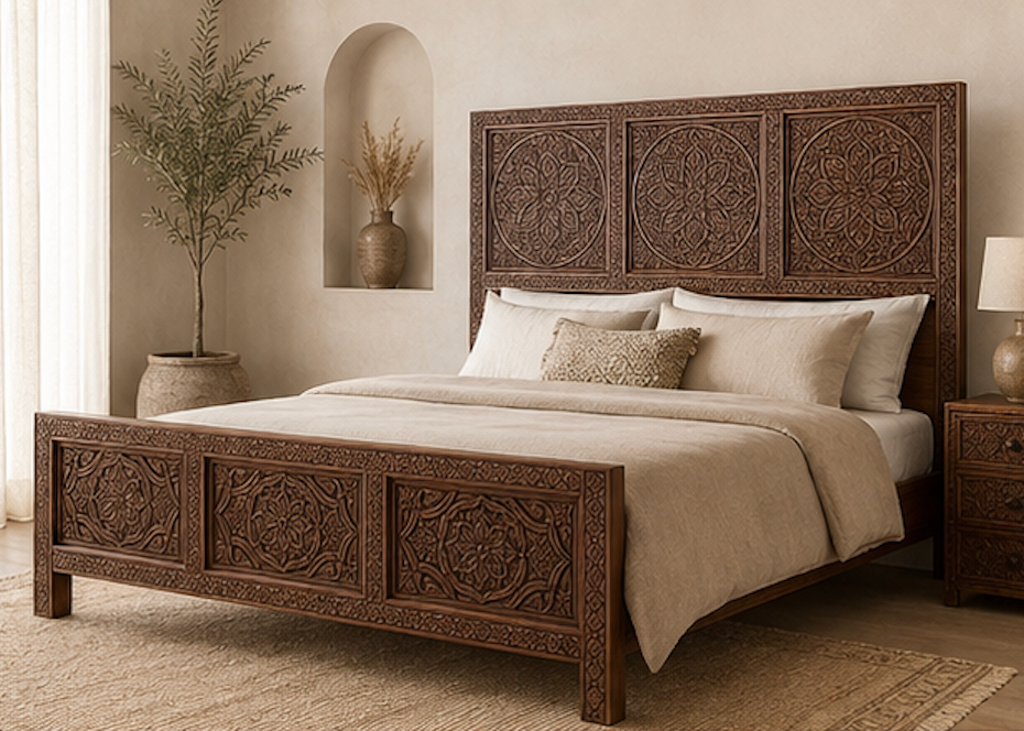 Hand-carved Moroccan wooden bed frame