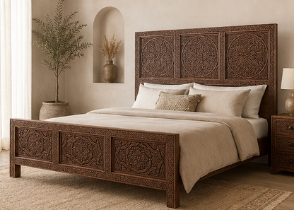 Hand-carved Moroccan wooden bed frame