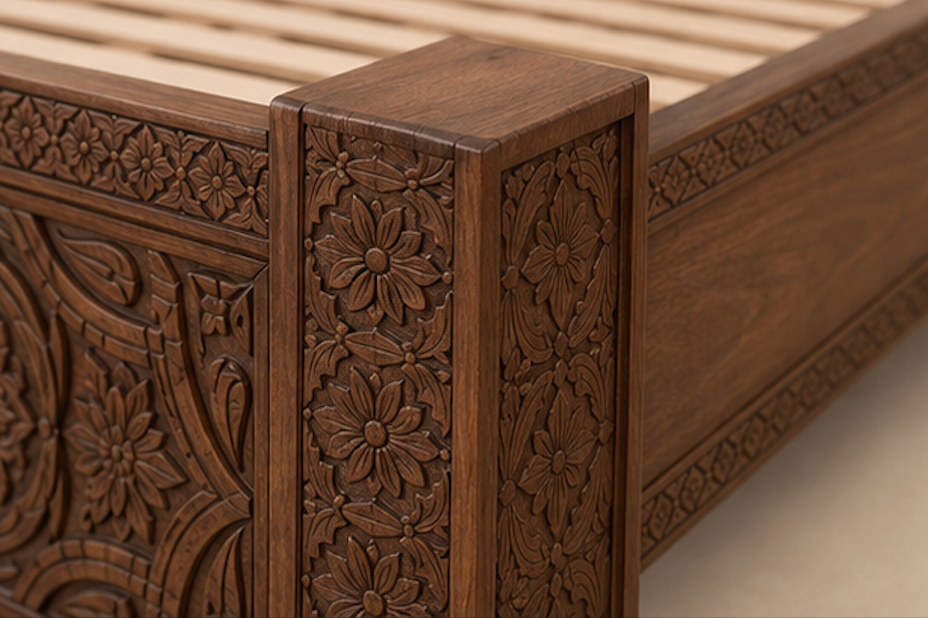 Hand-carved Moroccan wooden bed frame