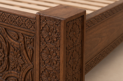 Hand-carved Moroccan wooden bed frame
