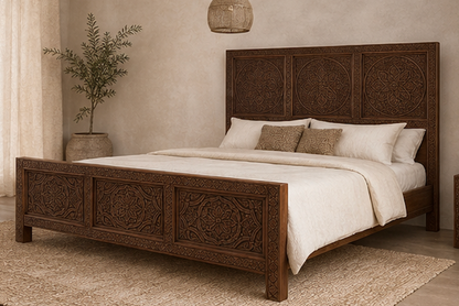 Hand-carved Moroccan wooden bed frame