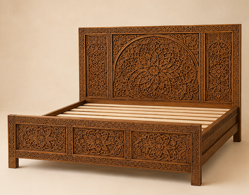 Luxury Moroccan Hand Carved Wood Bed Frame King Queen Artisan Furniture