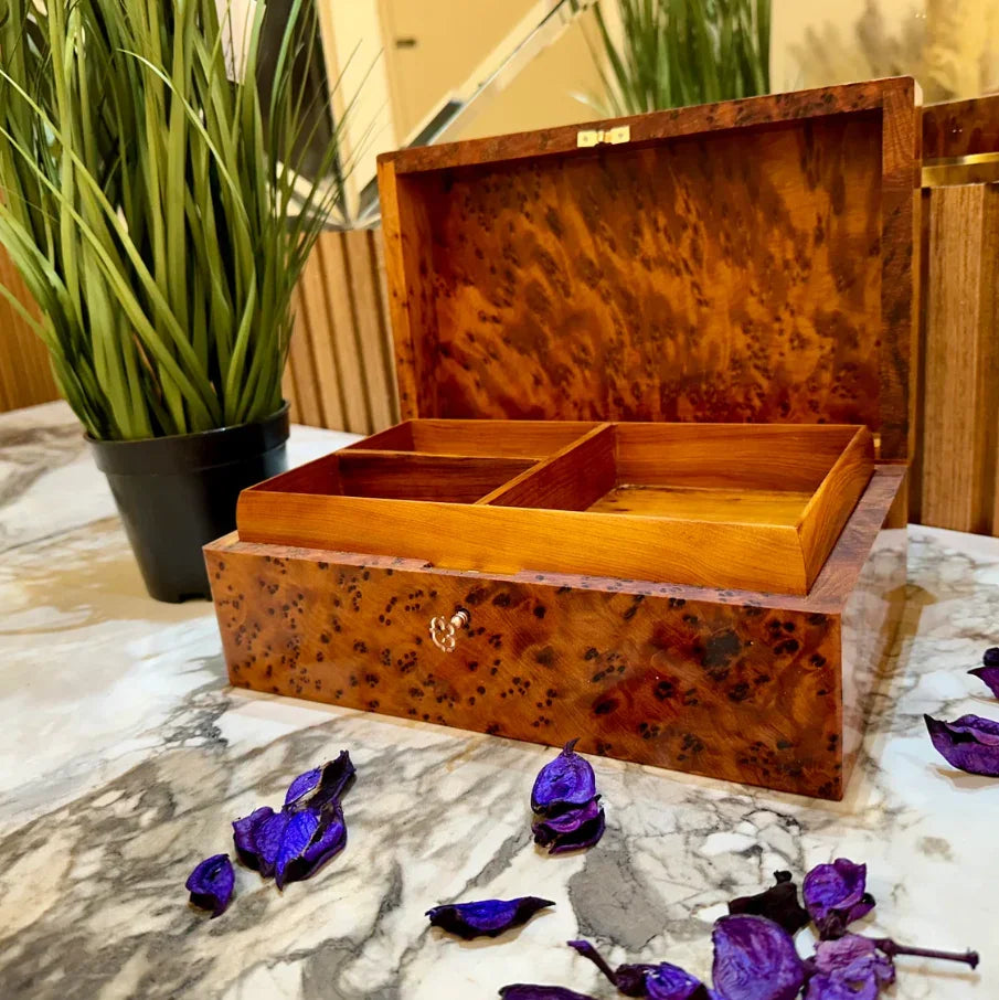 Lockable Thuya Wood Jewelry Box Handmade Moroccan Organizer with Key - AtlasMuseCrafts