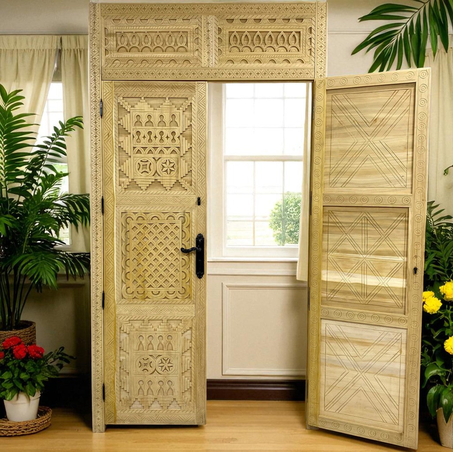 Ornate carved wooden door with an open leaf and plants around.
