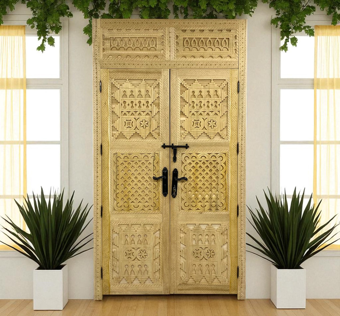 Intricately carved wooden double doors with black hardware, flanked by potted plants under windows.
