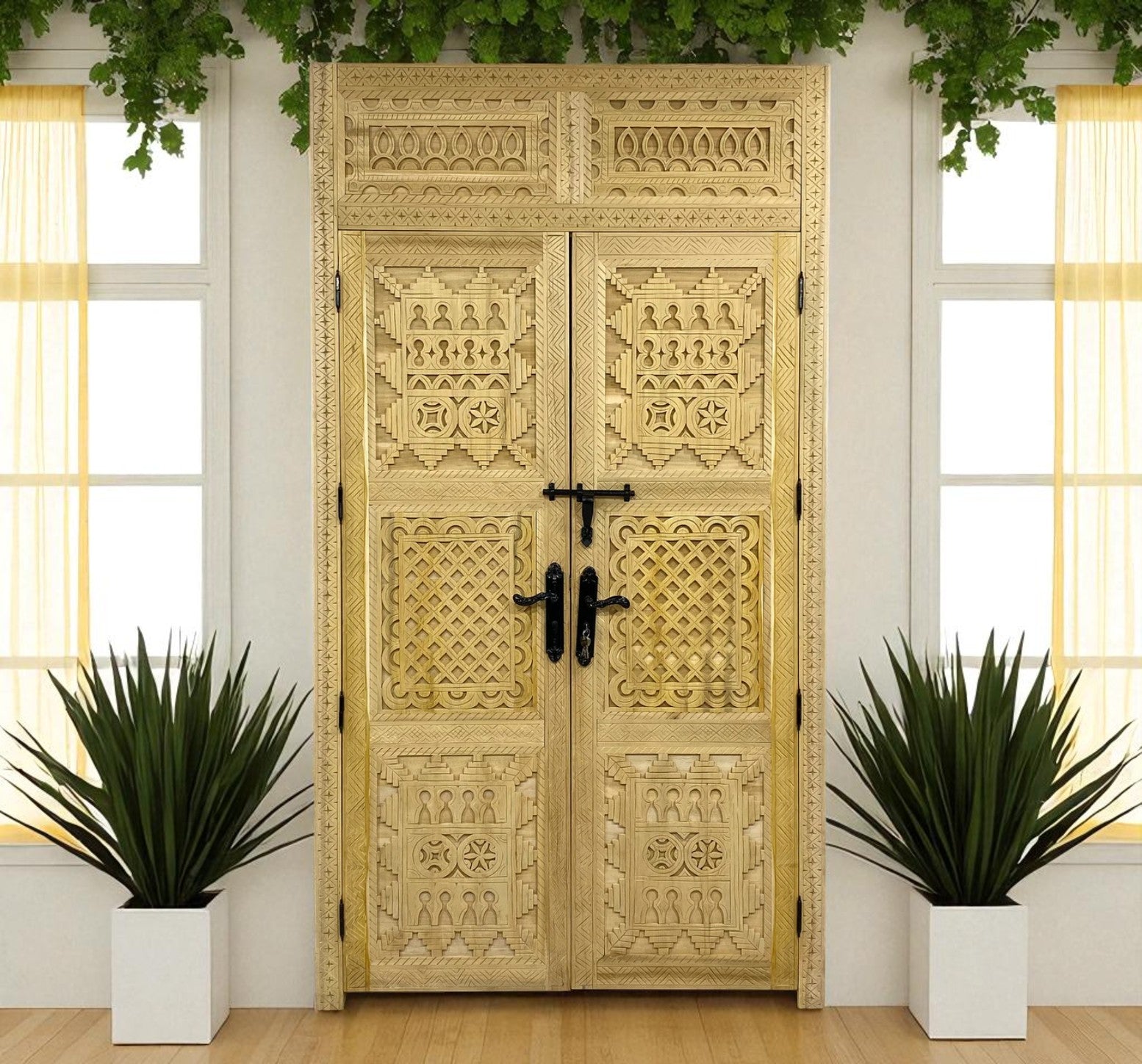 Intricately carved wooden double doors with black hardware, flanked by potted plants under windows.
