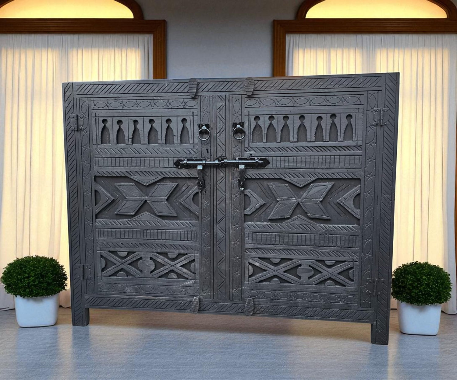 Artisan-crafted storage cabinets from Thuya or cedar wood, featuring unique textures and luxurious finishes.
