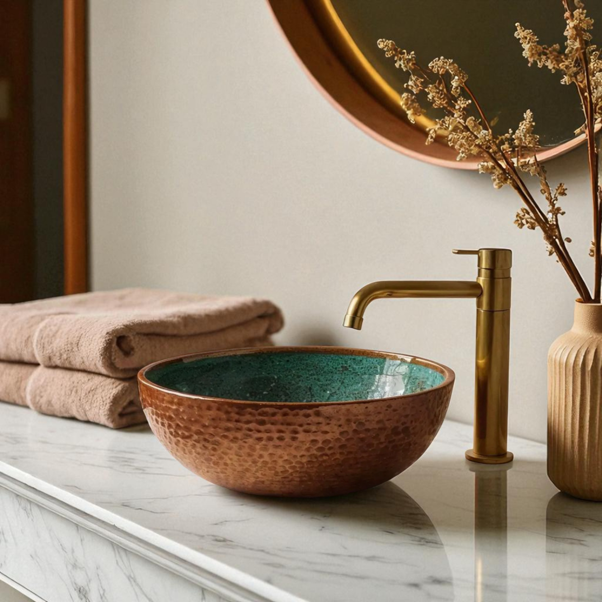 Bathroom countertop with a copper sink, gold faucet, neutral towels, and decorative vase.