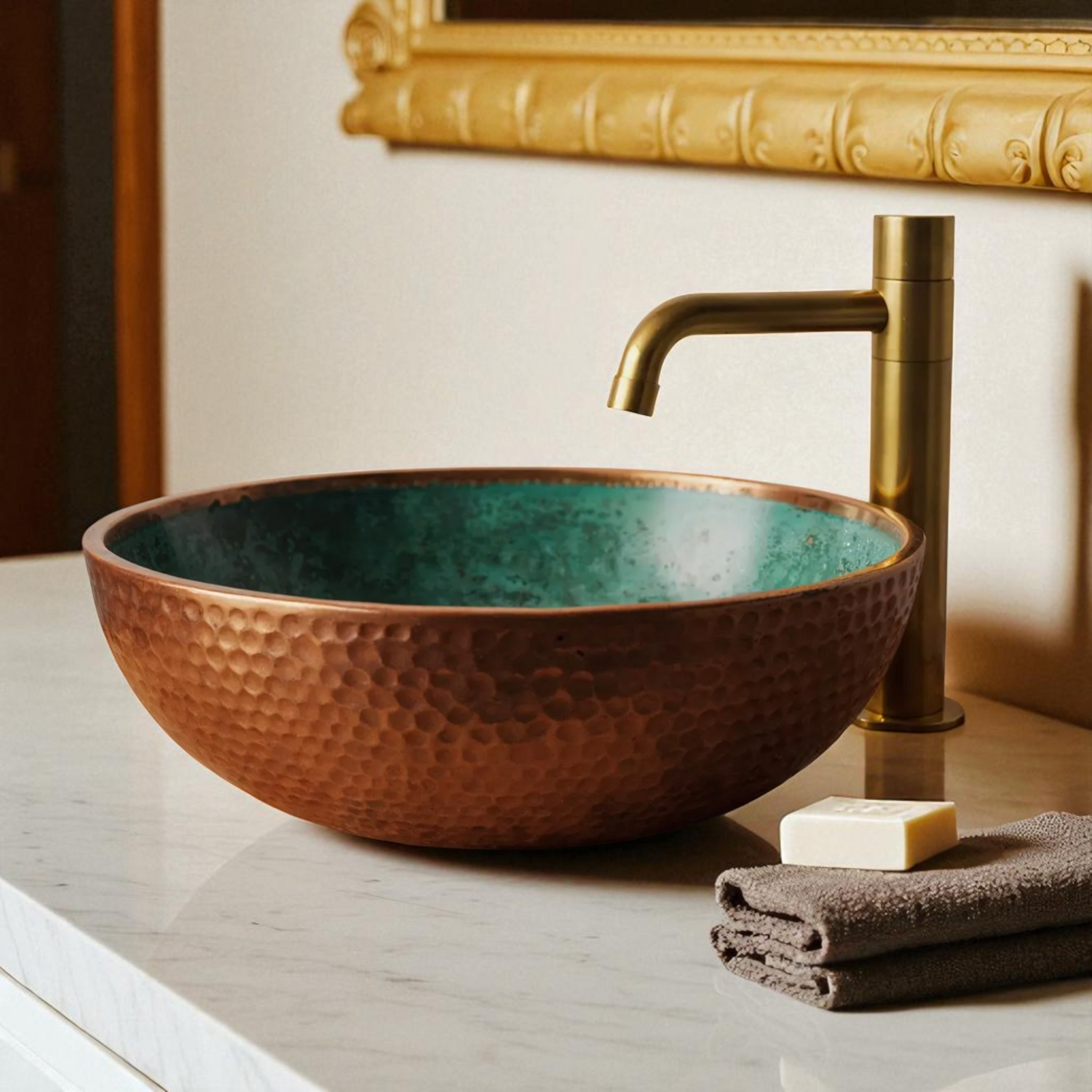 Copper sink with turquoise interior, gold faucet, soap bar, and gray towel on marble countertop.
