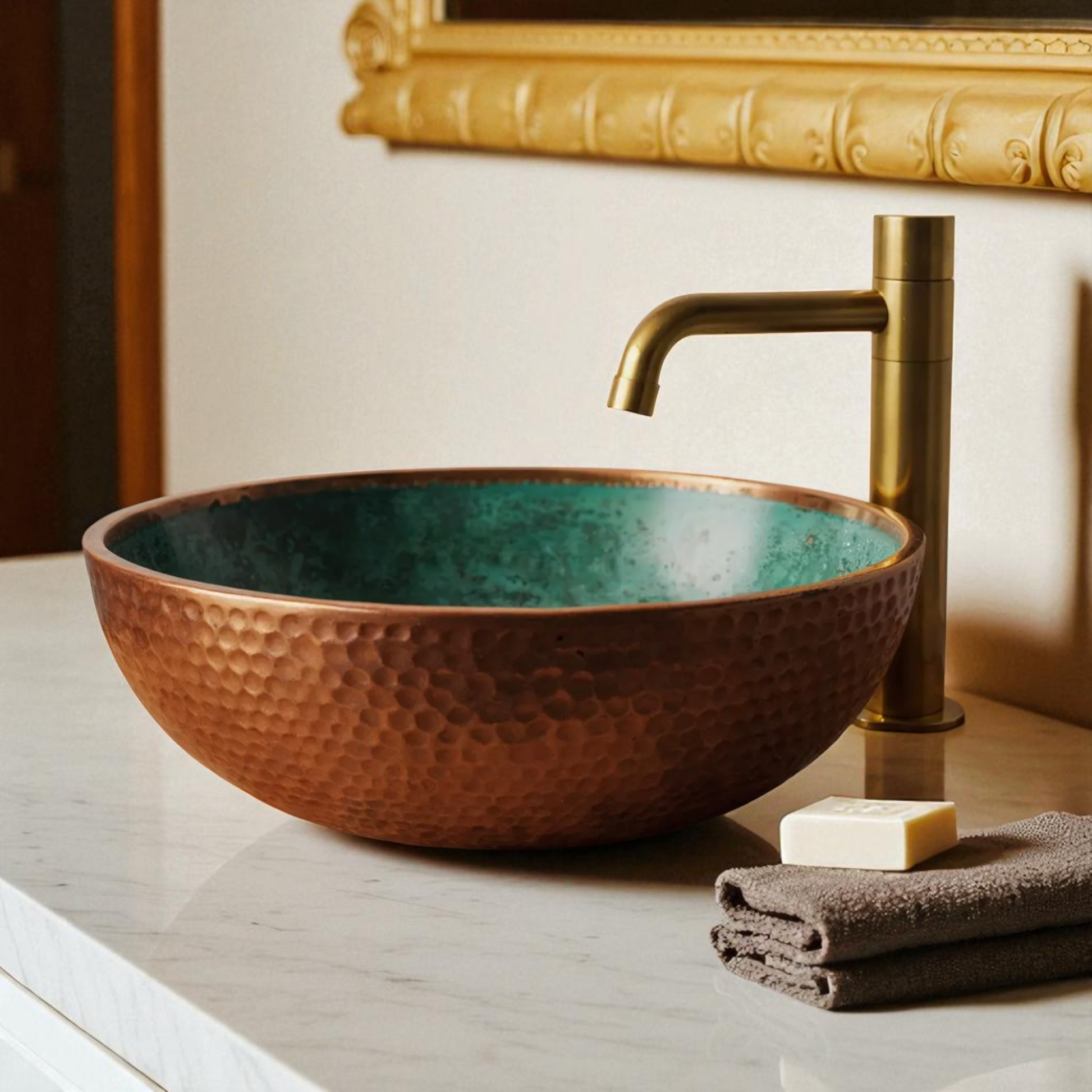 Copper sink with turquoise interior, gold faucet, soap bar, and gray towel on marble countertop.
