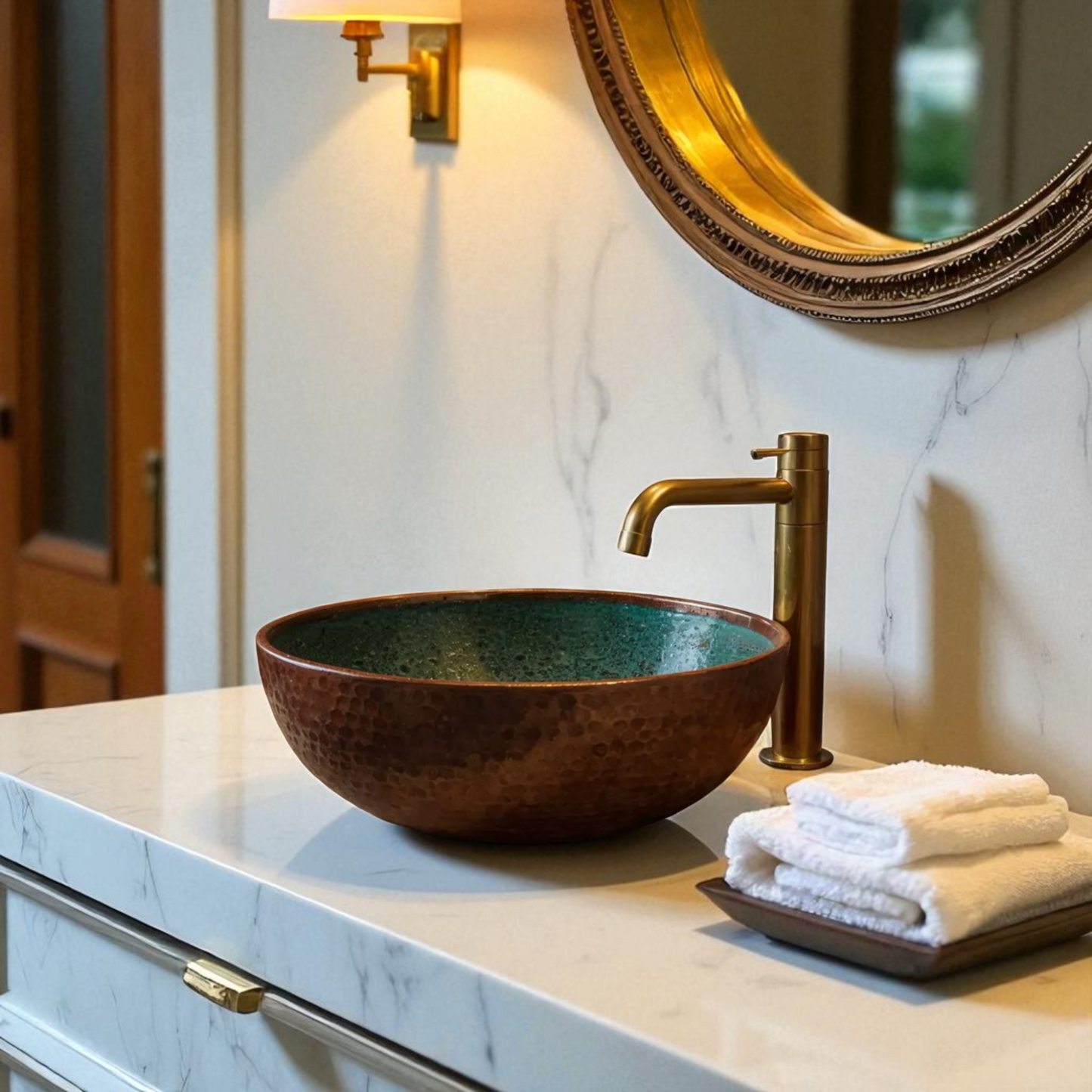 Bathroom sink with copper bowl, brass faucet, and white marble countertop.