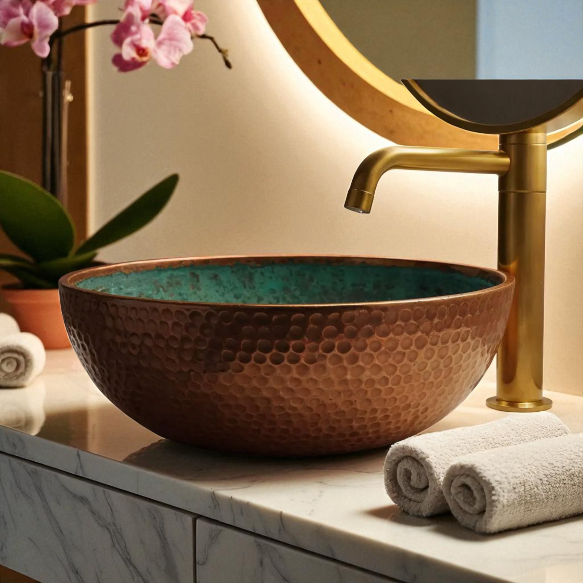 Copper and teal hammered vessel sink with gold faucet and rolled towels.